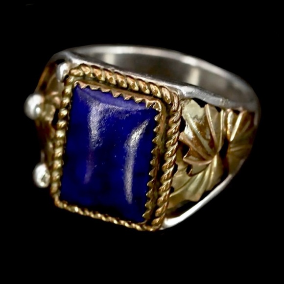 👑🫐🗝️Signed - Richard Begay, Navajo Vintage Sterling Silver Lapis Gold Wash Ring - Picture 2 of 7